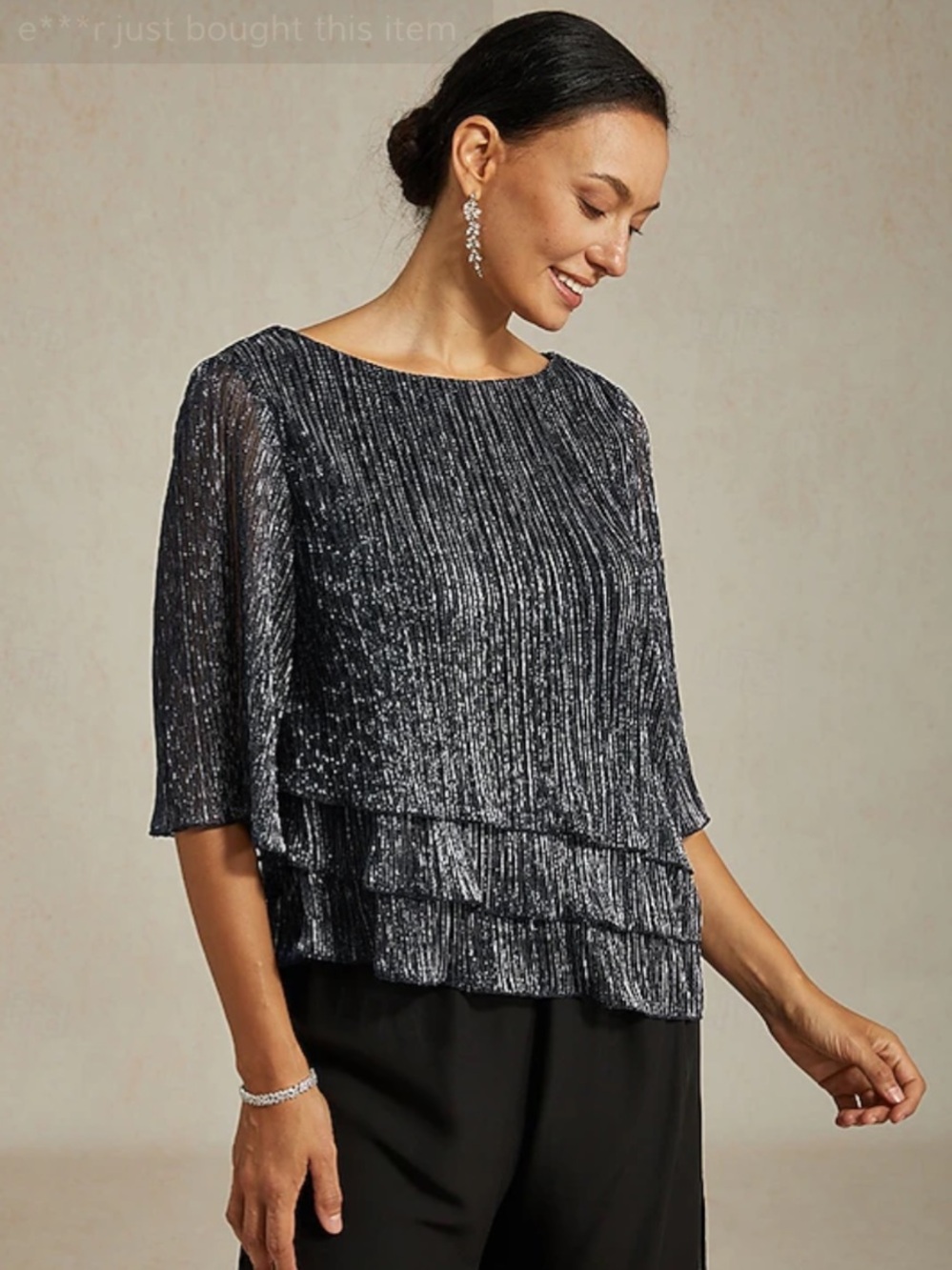 New! MsGlamor Black Metallic Pleated Asymmetric Layers Blouse Large